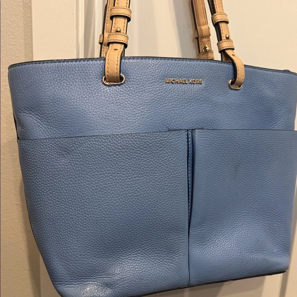 Michael Kors Blue Tote Tan Handles leather beach purse handbag designer sky